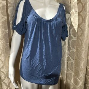 Suzy shier medium blue open shoulder cowl neck blouse